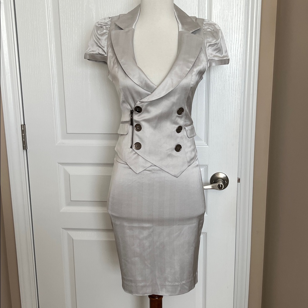 Bebe Silver Satin Double-Breasted Pencil SET